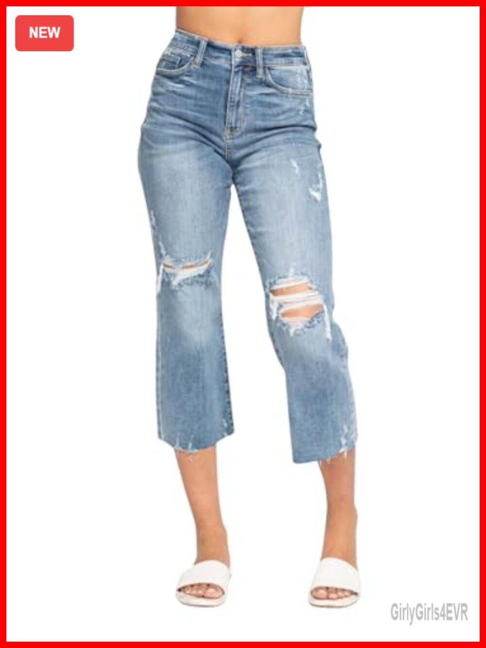 High Waist Destroyed Wide Leg Crop Jeans Stretchy Denim
